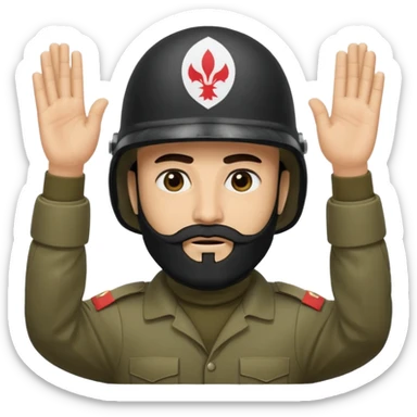 surrenders, depicts an Iraqi soldier from 1980, with a beard, in a helmet, a helmet "WITHOUT" insignia, with a balaclava, with sad eyes and both hands raised up sticker