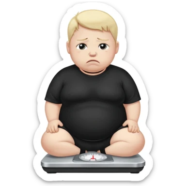 sad fat young boy in black t shirt crying on weight scale  sticker