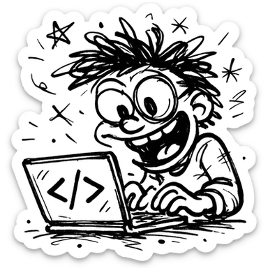 funny chaotic coder with exaggerated expressions and messy hair, coding on a laptop sticker