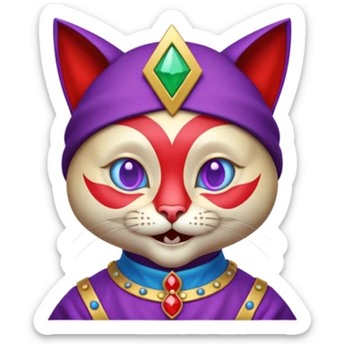 crazy colorful cute little cat jolly joker from poker, medieval, vintage, court jester, mac os icon, purple, gold and red color, half body, blue ice eyes. Squared shape as 3D mac os icon, symmetrical sticker