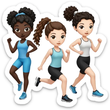 3 women exercising. The woman on the left has pale white skin and curly brown hair in a ponytail. The woman in the middle has black skin and curly black hair. The woman on the right has pale white skin and straight, brown hair in a ponytail. sticker