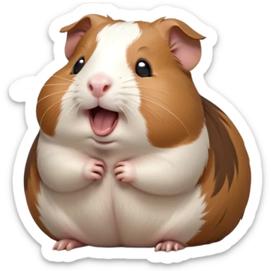Cinematic Cute Yawning Brown and White Banded Guinea Pig Portrait Emoji, Head tilted slightly with a dramatic, wide-open yawn, revealing a soft, banded coat of brown and white with tiny, droopy ears, round dark eyes barely open in drowsy contentment, Simplified yet irresistibly adorable features, highly detailed, glowing with a soft, cozy glow, high shine, relaxed yet expressive, stylized with a touch of whimsy, bright and endearing, soft glowing outline, capturing the essence of a sleepy yet affectionate guinea pig, so drowsy it feels like it could stretch out of the screen and curl up for a nap! sticker