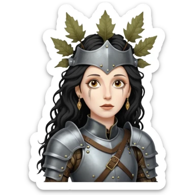 realistic cinematic actress Cher in Victorian styling like Joan of Arc dirty damaged armor in a forest sticker