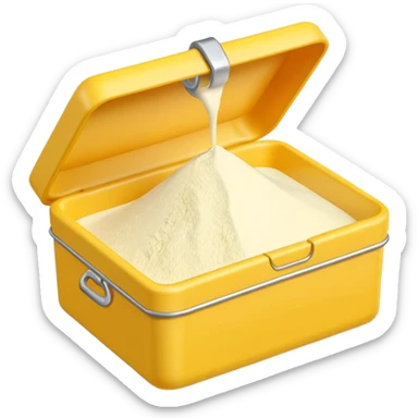 cornstarch in tin or box, simple lid, open, fine white powder inside, clean minimal yellow or neutral container, no branding, no spoon, no faces, clean 3D style, soft shadows, transparent background, emoji scale sticker