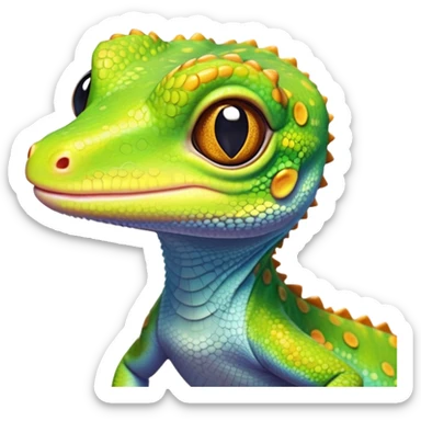 cinematic-cute-realistic gecko-portrait-emoji,-head-tilted-playfully-and-inquisitively,-featuring-a-small,-charming-body-with-smooth,-vividly-patterned-scales,-bright,-sparkling-eyes-and-delicate,-sticky-toe-pads,-simplified-yet-irresistibly-adorable sticker