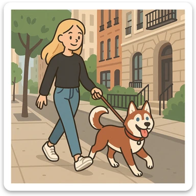 Cute Blonde woman wearing a black sweater and jeans and white sneakers walking a happy red-brown blue-eyed Siberian husky in New York City on an upper east side city sidewalk, flat toon style  sticker