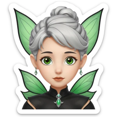 Haz un emoji de una chica con piel blanca ojos marrones y verdes nariz puntiaguda orejas de fae labios finos pelo plateado con un recogido y ropa de cuero negra sticker