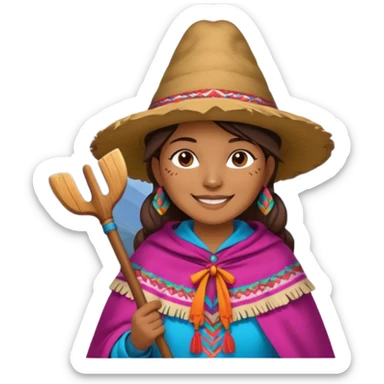 3D emoji style illustration of a Peruvian Andean farmer (woman), wearing traditional chullo hat and poncho, holding a hoe, smiling, mountains in background, bright natural colors, bold outlines, glossy sticker style, transparent background sticker