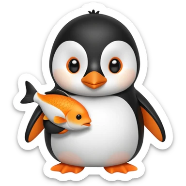 A cute penguin doll holding an orange fish. sticker