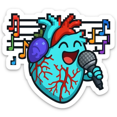 Add a microphone to the cute anatomical heart singing joyfully in pixel art style, keep the pixel art look and no background. sticker