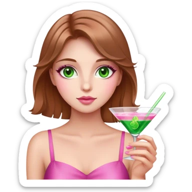 green eyes light brown hair white girl holding a pink cosmo sticker