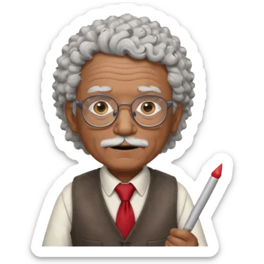 old man teacher, brown skin, curly grey white hai, wearing glasses, brown vest, red tie hold chalk on hand sticker