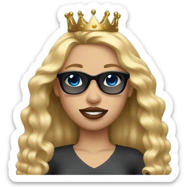 Girl with long blonde hair, blue eyes, black sunglasses that cover her eyes and cherry lipstick and a crown sticker