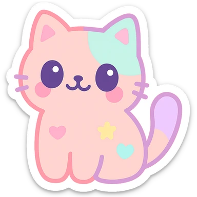 {
  "style_description": {
    "overall_look": "Cute, minimal, and soft with a friendly and playful tone",
    "material_simulation": {
      "primary_material": "flat digital color",
      "texture_detail": "smooth surfaces with no texture or shading",
      "pattern": "none or very simple decorative accents (e.g., hearts, stars)"
    },
    "geometry": {
      "edge_style": "rounded, soft curves with no sharp angles",
      "dimensionality": "flat two-dimensional appearance with simple shapes"
    },
    "color_palette": {
      "scheme": "pastel and light tones",
      "preferred_colors": ["pink", "mint", "lavender", "baby blue", "peach"],
      "contrast": "low contrast with bright accents"
    },
    "facial_features": {
      "eyes": "large, sparkly, often oval or circular",
      "mouth": "small, often a simple curve or dot",
      "expression": "joyful, innocent, or calm"
    },
    "lighting": {
      "type": "none or implied with soft highlights",
      "purpose": "maintain a clean and cheerful look"
    },
    "render_constraints": {
      "avoid": ["realistic shading", "high detail", "dark themes", "texture noise"],
      "focus_on": ["cute expression", "iconic simplicity", "emotional warmth"]
    },
    "background": {
      "color": "white or soft pastel",
      "style": "plain or patterned with simple icons (e.g., polka dots, stars)",
      "lighting_consistency": "no shadows, evenly lit feel"
    }
  }
}

{subject} = cat sticker