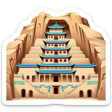 Mogao Caves Dunhuang with colorful Buddhist murals, simplified emoji style with bold outlines and bright colors, cartoon style cave entrance with paintings sticker