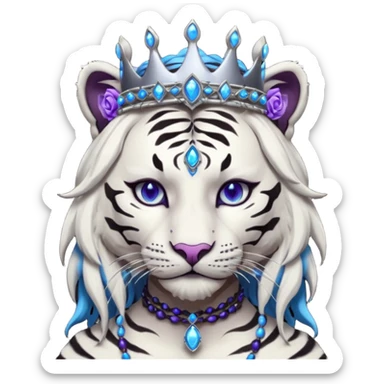 ESO Female white/black tiger khajiit leader of the umbral rose, glowing blue eyes, glowing blue 'third eye' gem, black beaded dreadlocks; silver crown/tiara with purple gems sticker