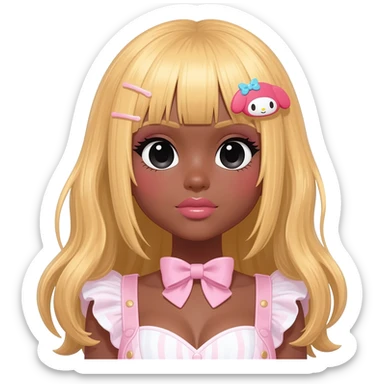 Gyaru makeup, himegyaru, my melody hairclip, cutecore, doll eyes, Doll, big chest, dark brown skin, with long blonde hair,  black cute eyes, cute lips with Gyaru outfit sticker