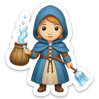 vorrei un piccolo buffo pellegrino medievale con abito e cappuccio marrone sotto la pioggia in stile stickers  sticker