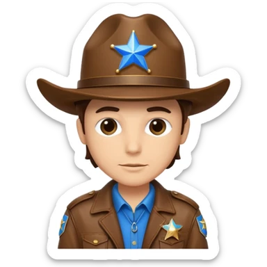 Sheriff with shiny blue star badge, brown jacket and blue hat sticker