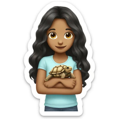 Little girl with wavy long black hair and light tan skin holding a tortoise sticker