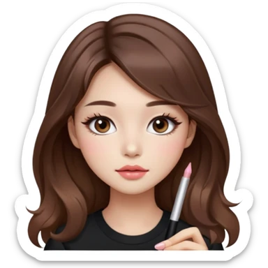 “korean straight brown hair Emoji girl, soft eyeliner and blush, gradient lips, light brown shimmer eyeshadow, long wavy hair,  sticker