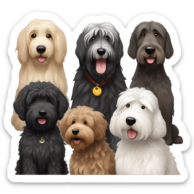 Black goldendoodle, old English sheepdog, brown goldendoodle, black Irish wolfhound together  sticker