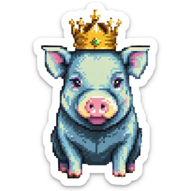 cute pig with a golden crown, chunky, colorful, simple, playful, pixel art style sticker