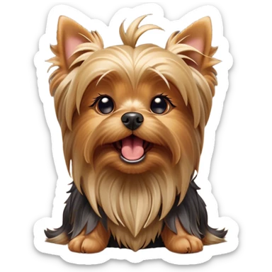 Cinematic Cute Yawning Yorkshire Terrier Portrait Emoji, Head tilted with a playful, drowsy expression and droopy, adorable eyes, featuring a soft, well-groomed fur in rich hues, simplified yet irresistibly endearing, highly detailed, glowing with a warm, cozy radiance, high shine, exuding a relaxed yet spunky charm, styled with a gentle, soft glowing outline, capturing the essence of a Yorkshire Terrier mid-yawn that seems as if it could cuddle right off the screen! sticker