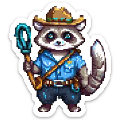raccoon holding a lasso and wearing a cowboy hat sticker