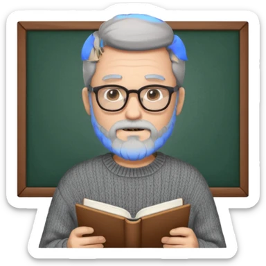 A man with a large gray beard, dark hair, and glasses, studying. sticker