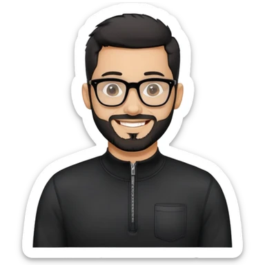 Light-skinned man with very short black hair, short salt and pepper beard, big black glasses frames, happy smile, black long sleeve zip-neck shirt sticker
