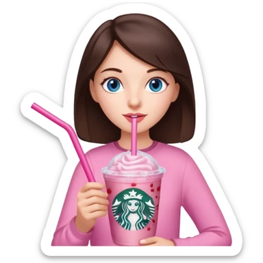 make an emoji of a brunette blue eye girl wearing light pink drinking a strawberry acai refresher from starbucks sticker