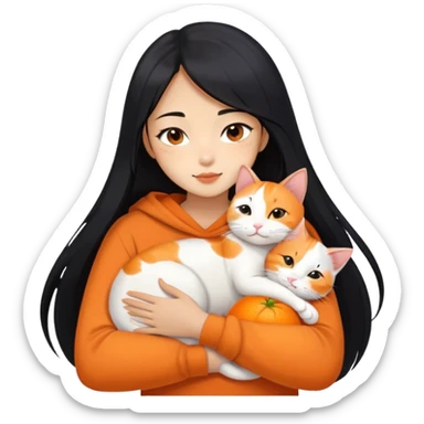 Oriental Asian girl with long black hair snuggling with an orange and white cat, cat is mostly white with orange patches, the girl is holding the cat lovingly sticker