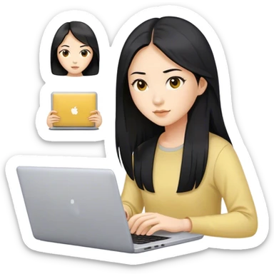 Long hair asian woman working on pale yellow laptop with brown eyes sticker