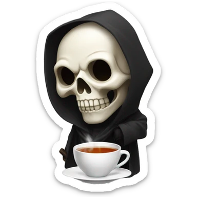 A skull face with white eyes and a black hooded robe drinking tea sticker