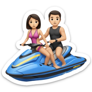 Light tan male dark hair & light tan female dark hair on a blue jet ski no sunglasses sticker