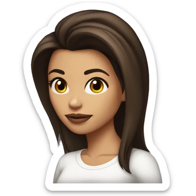 3/4 face, contrasted, shadow, light, Eva Longoria expression, thin nose, brunette woman, hazel eyes, long eyelashes, dark shoulder shaded hair, white t-shirt sticker