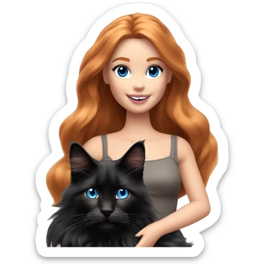 Barbie girl with long ginger hair and blue eyes Holds in her arms Black Maine coon sticker