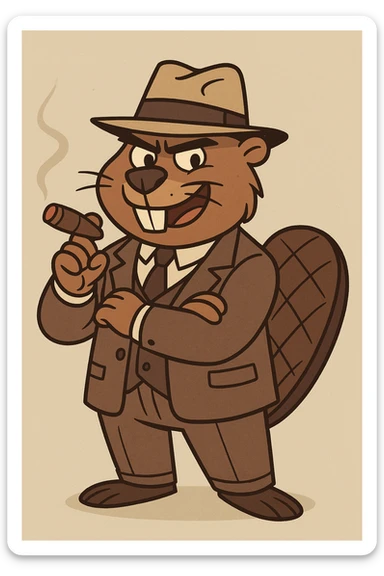 beaver dressed as a gangster, wearing a fedora and suit, confident pose, cartoon style sticker