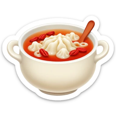 Sweet white fungus soup with red dates and goji berries, simplified emoji style with bold outlines and bright colors, cartoon style Yin Er Tang dessert sticker