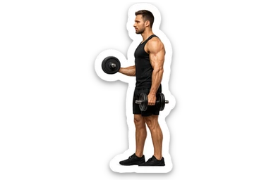 uomo fitness di profilo a figura intera con manubrio da palestra in mano, iperrealistico 4k sticker