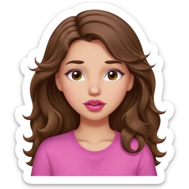 girl with long wavy brown hair, brown eyes, light to medium complexion, in a pink shirt, pink lips, long lashes, puckering lips kissing, winking sticker