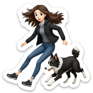 A beautiful tall girl with fair skin and long hair wearing a black jacket running with a Border Collie sticker