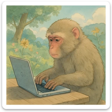 a realistic monkey typing on a laptop, ghibli style sticker