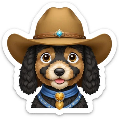 Black golden doodle wearing a cowboy hat sticker
