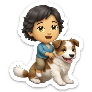 Asian baby riding on australian shepherd dog sticker