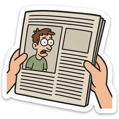 hands holding a newspaper sticker