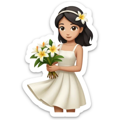  A girl with a black half-up half-down hairstyle, and a white dress, enjoying the spring breeze.Holding a bundle of frangipani sticker