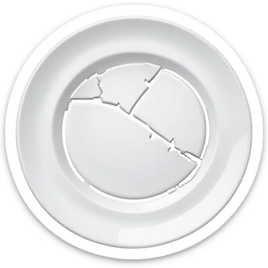 a broken rounded white plate, several piece separated sticker