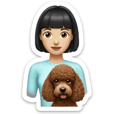 white girl with black hair and bangs holding a brown poodle sticker